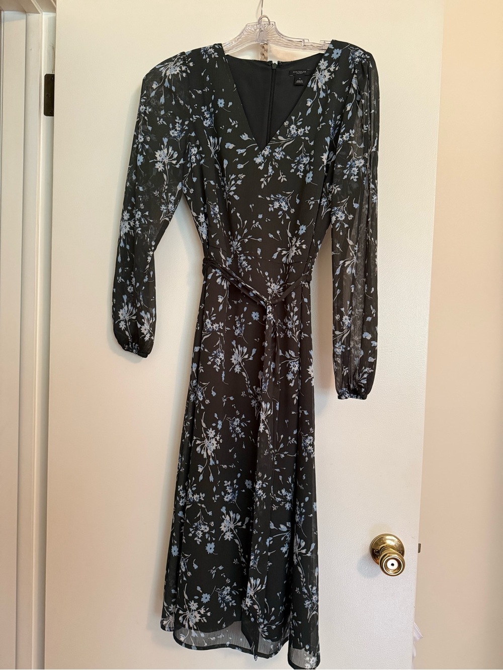 Long Sleeve Olive Green Floral Wrap Dress with Light Blue Print